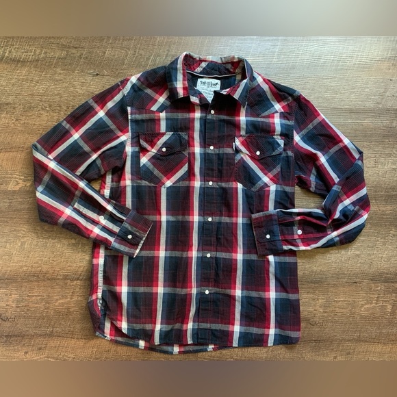 LEVI’S western plaid Pearl snap shirt blue Red White Plaid sz L button down EUC - Picture 2 of 11